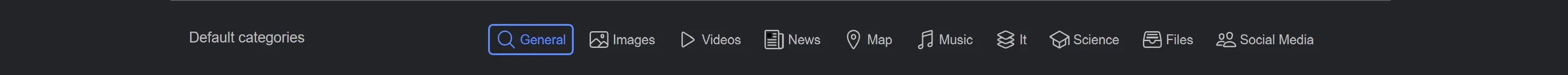 Pasek kategorii w wyszukiwarce SearXNG, umożliwiający filtrowanie wyników według plików, nauki, IT, map czy multimediów