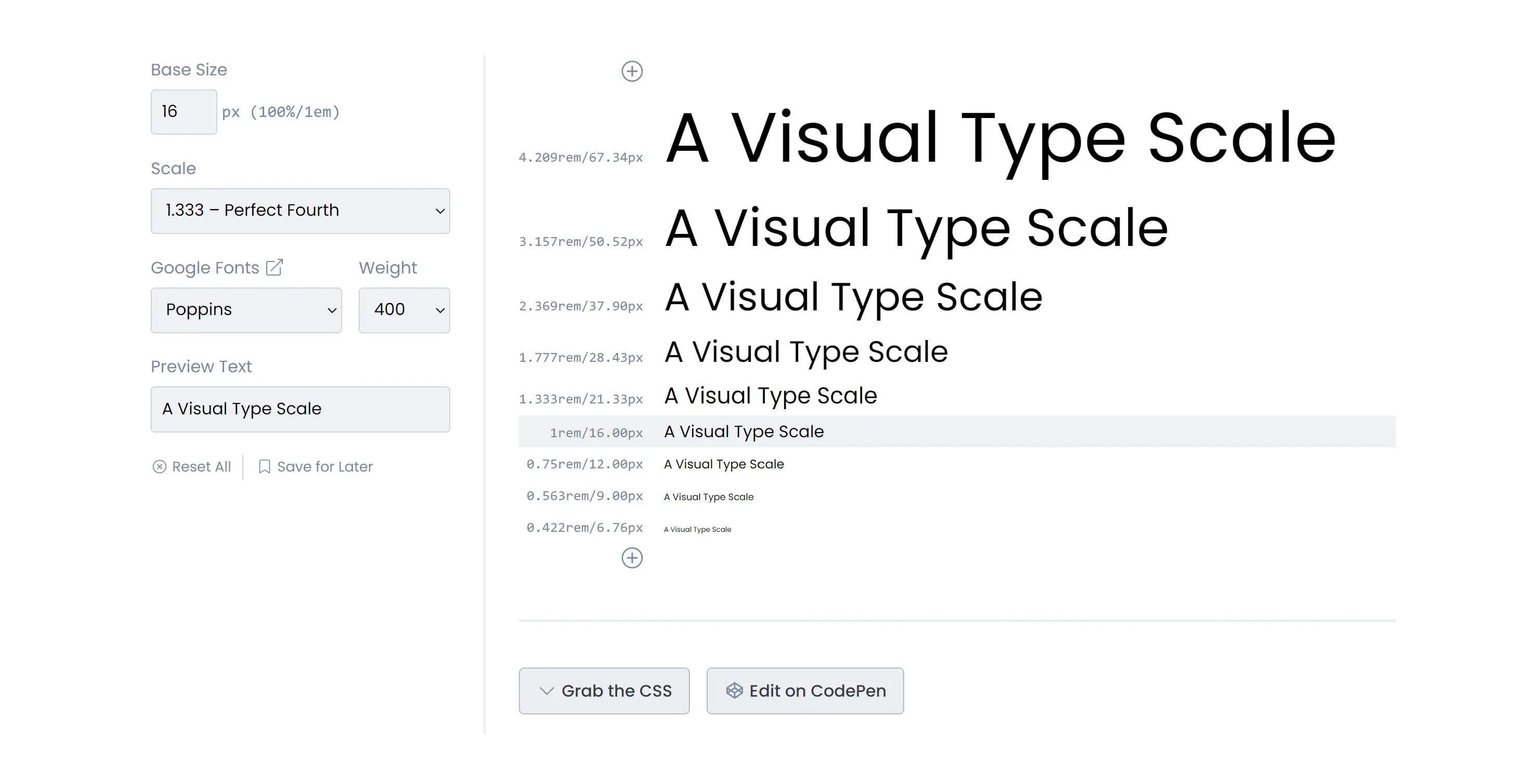 Kalkulator skali typograficznej online prezentujący harmonijne proporcje fontów oparte na mnożniku "Perfect Fourth" (1.333)